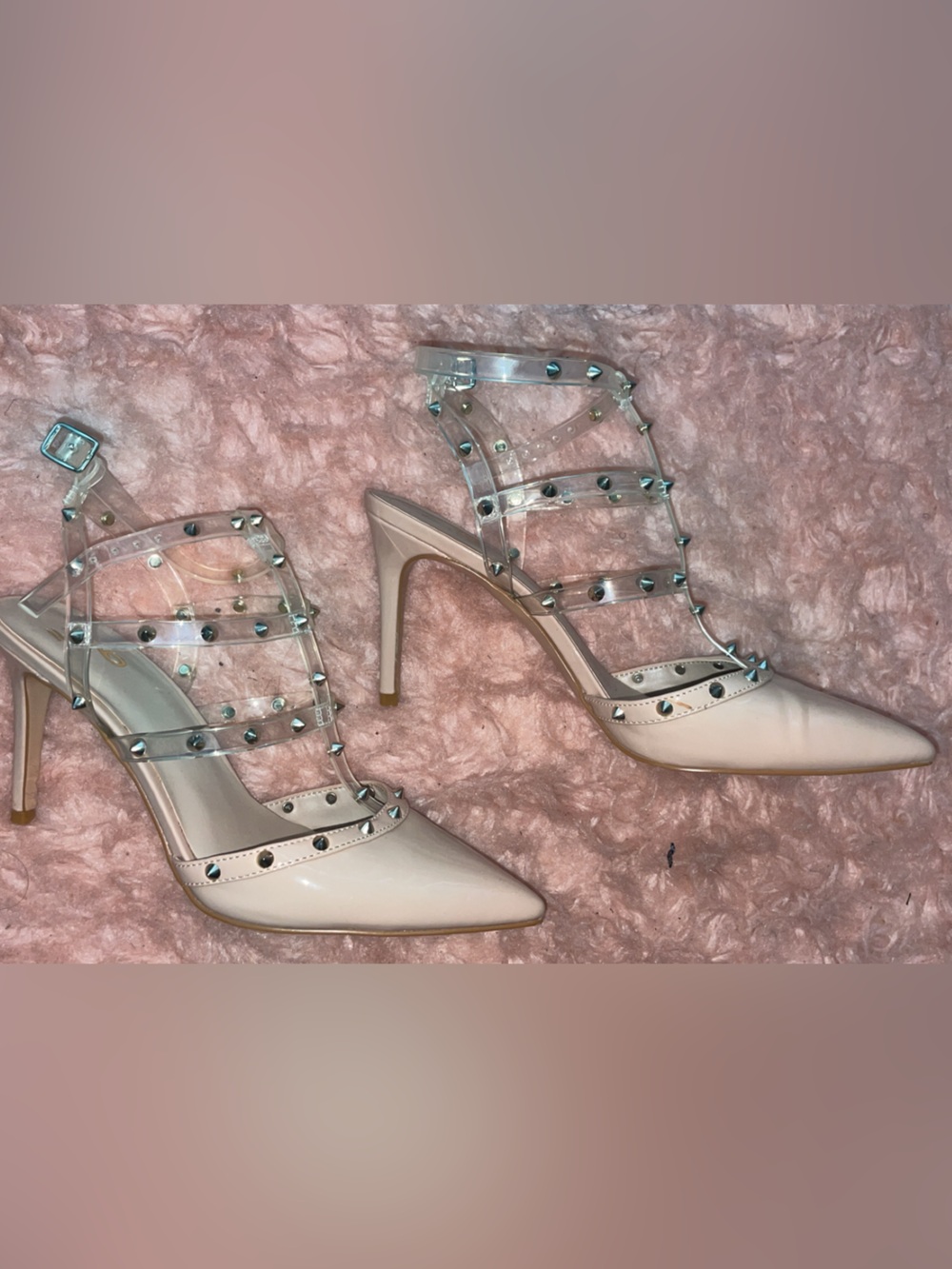 Studded Clear-Strap Nude Pointed Toe Heels